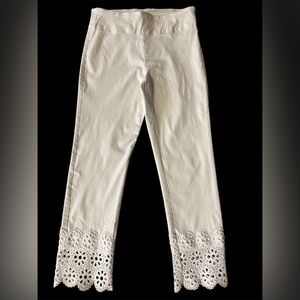 Attyre White Eyelet Hem Crop Pants.  Pull On.  Size 8. 30” Waist with Stretch